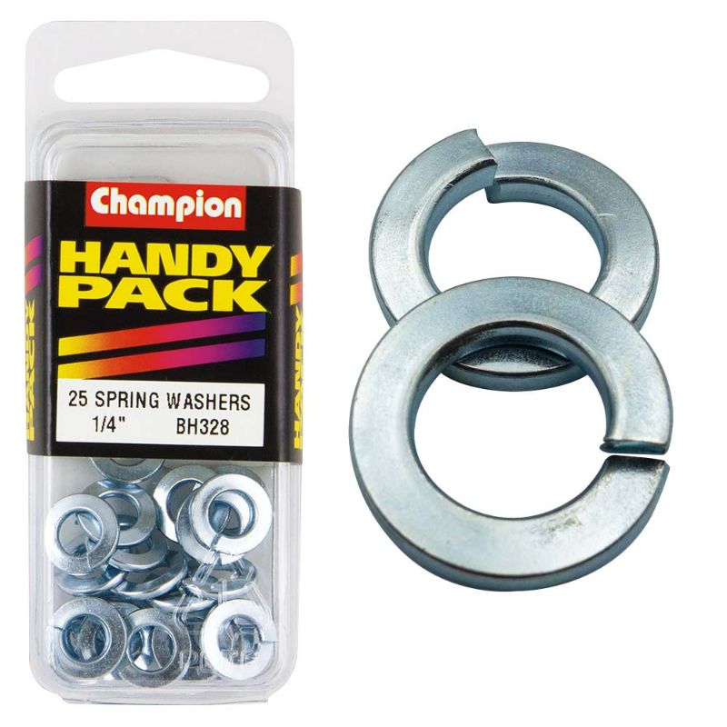 Champion 1/4in Spring Washer, a durable, corrosion-resistant fastener for automotive, construction, and DIY projects.