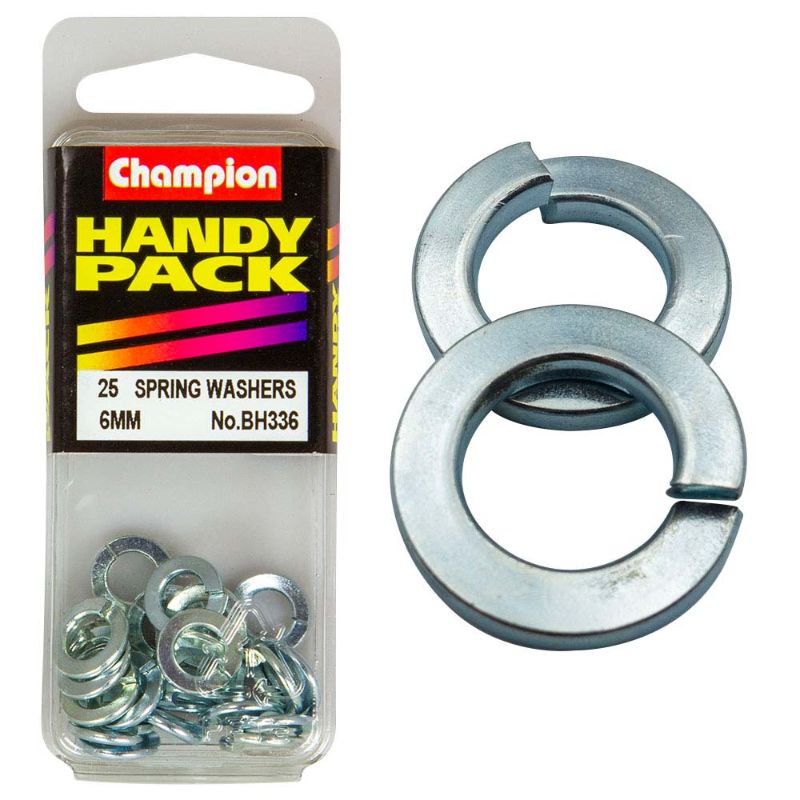 Champion M6 Spring Washer, 12mm diameter, 1.2mm thick, corrosion-resistant for reliable grip in automotive and construction.