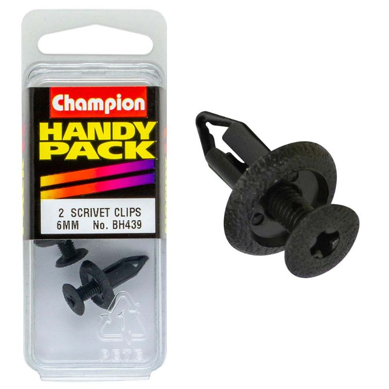 Champion Scrivet Trim Clip 6mm for secure fastening in automotive and household applications, durable and compact design.