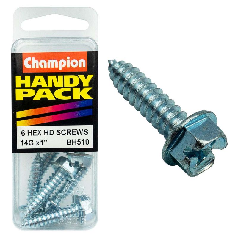 Champion 14G x 1 hex head set screws in a pack of 6, designed for secure fastening in various applications.