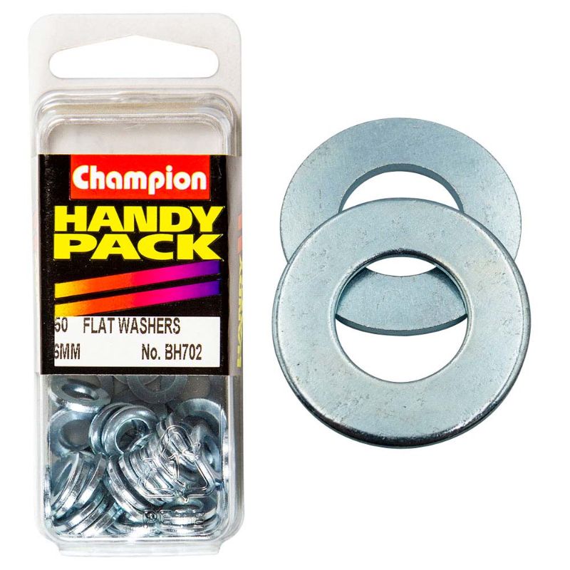 Champion M6 Flat Steel Washer, durable steel with rust-resistant finish, ideal for automotive and DIY projects.