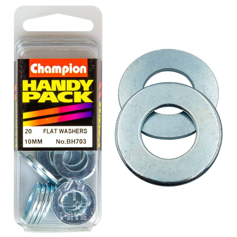 Pack of 20 Champion M10 flat steel washers, designed for durability and load distribution in construction and DIY projects.