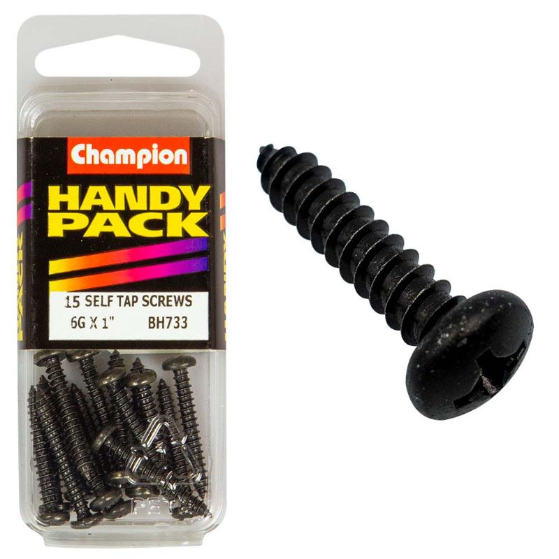 Black Champion 6G x 1in set screw, precise fit, corrosion-resistant for durable use in automotive and electrical applications.
