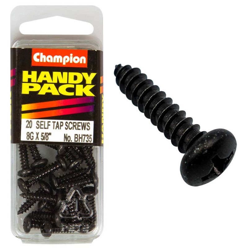 Champion 8G x 5/8in S/Tap Set Screw in black zinc, designed for secure fastening in metal, wood, and plastic applications.