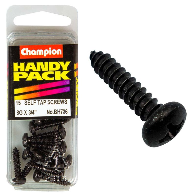 Black zinc Champion 8G x 3/4in S/tap set screw, designed for durability and secure fastening in various applications.