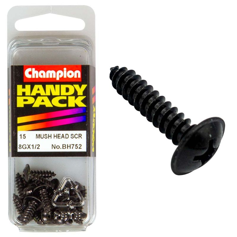 Black zinc Champion 8G x 1/2in set screw with washer face, ideal for durable fastening in metal and wood projects.