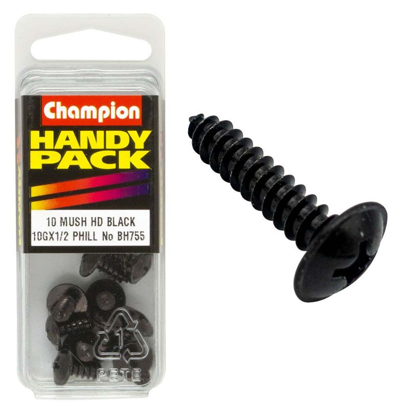 Champion 10G x 1/2in black zinc set screw with washer face for durable, corrosion-resistant fastening in various applications.