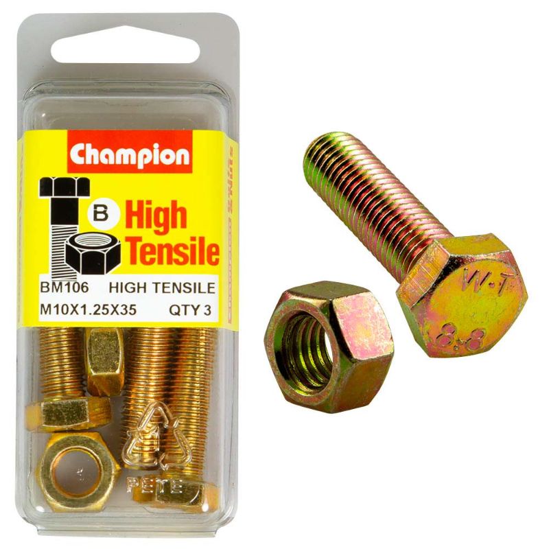 Champion M10 x 35 set screw and nut, GR8.8, designed for superior strength in construction and DIY applications.