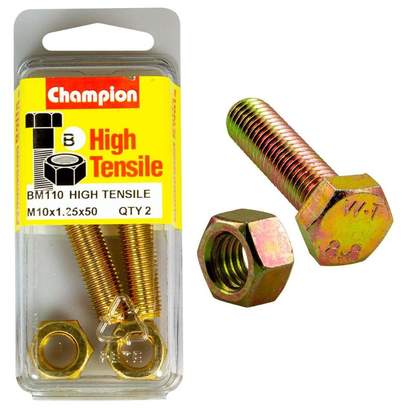Champion M10 x 50 x 1.25 set screw and nut, GR8.8 steel construction for superior strength and durability in fastening applications.