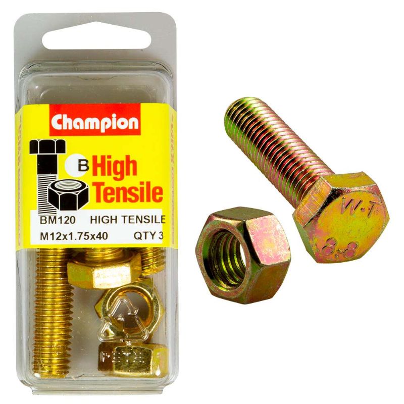 Champion M12 x 40 Set Screw and Nut (B) - GR8.8, durable fasteners for heavy-duty industrial and DIY projects.