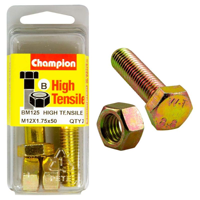 Champion 12 x 50 GR8.8 bolt and nut set, robust and reliable for heavy-duty fastening in various projects.