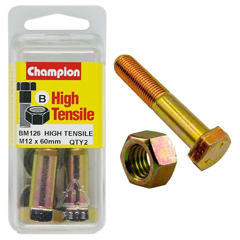 Champion 12 x 60 GR8.8 bolt and nut set, designed for high strength, easy installation, and durable performance in various applications.