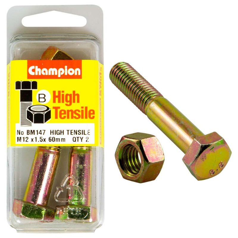 Champion 12 x 60 x 1.5 GR8.8 bolt and nut set for heavy-duty fastening in construction and DIY projects.