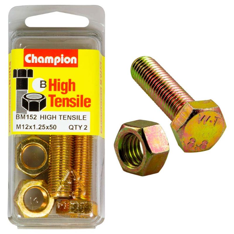 Champion M12 x 50 x 1.25 Set Screw & Nut (B) - GR8.8 in Grade 8.8 steel, ideal for robust fastening in various applications.