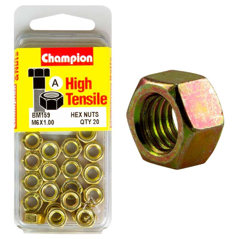 Champion M6 x 1.0 Hex Nut (A) - GR8.8, durable industrial fastener for reliable indoor and outdoor applications.