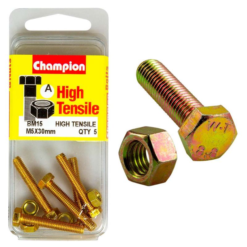 Champion M5 x 30 Set Screw & Nut (A) - GR8.8, premium steel fasteners for strong, reliable fastening in industrial and DIY projects.