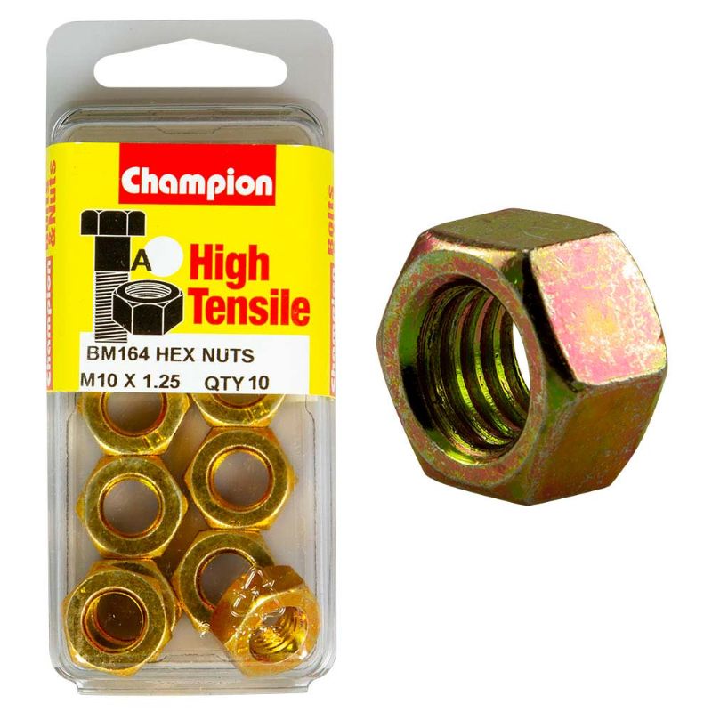 Champion M10 x 1.25 Hex Nut - GR8.8, strong Grade 8.8 steel fastener for reliable connections in automotive and construction projects.