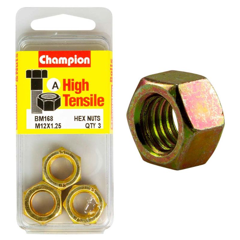Champion M12 x 1.25 GR8.8 hex nut, engineered for strength and reliability in automotive and construction projects.