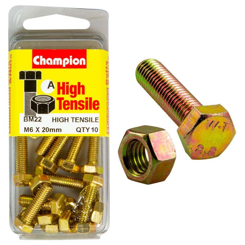 Pack of 10 Champion M6 x 20 set screws and nuts, made from durable Grade 8.8 carbon steel for reliable fastening solutions.