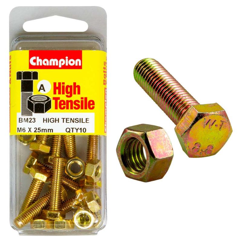 Champion M6 x 25 set screw and nut, made from high-grade steel for superior strength and corrosion resistance. Ideal for various fastenings.