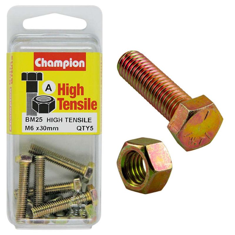 Set of 5 Champion M6 x 30 set screws and nuts, crafted from durable GR8.8 hardened steel for strong and reliable fastening.