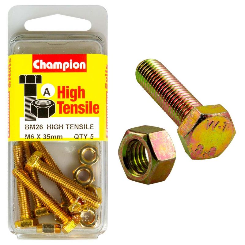 Champion M6 x 35 set screw and nut, made of durable GR8.8 steel for superior strength in automotive and construction applications.