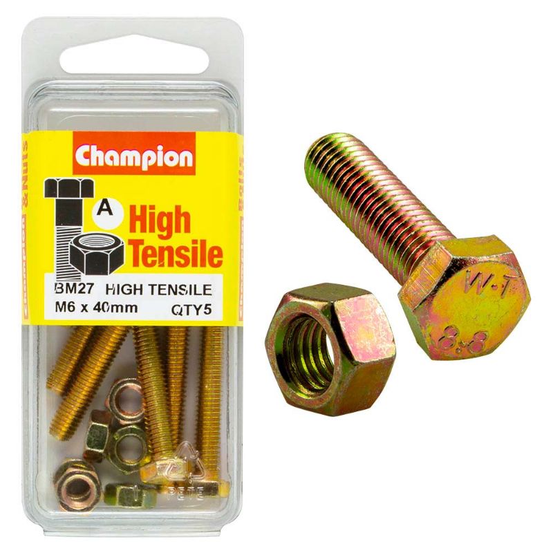 Champion M6 x 40 Set Screw & Nut (A) - GR8.8, featuring robust construction for heavy-duty fastening and enhanced grip.