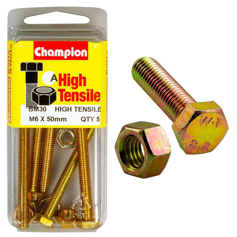 Champion M6 x 50 Set Screw & Nut (A) - GR8.8, a durable silver zinc-plated fastener for heavy-duty applications.