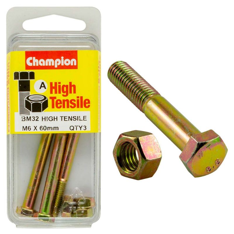 High-strength Champion M6 x 60 Bolt & Nut set, ideal for construction and repairs, made from durable Grade 8.8 steel.