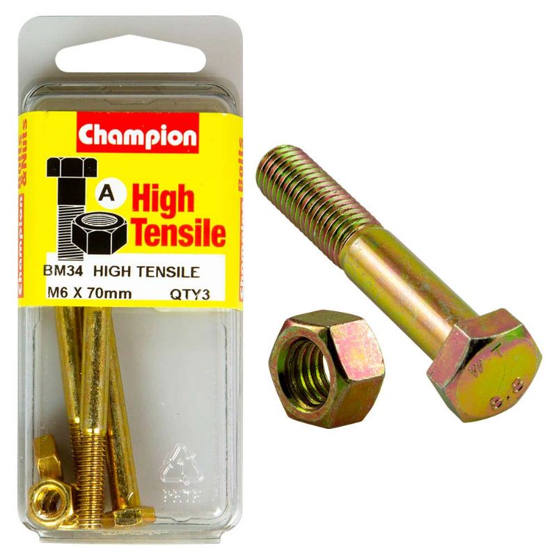 Champion M6 x 70 GR8.8 bolt and nut, high-strength steel for durable fastening in industrial and DIY applications.