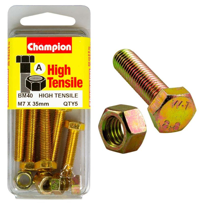 Champion M7 x 35 Set Screw & Nut (A) - GR8.8 pack of 5, durable carbon steel fasteners with hexagon heads for easy installation.