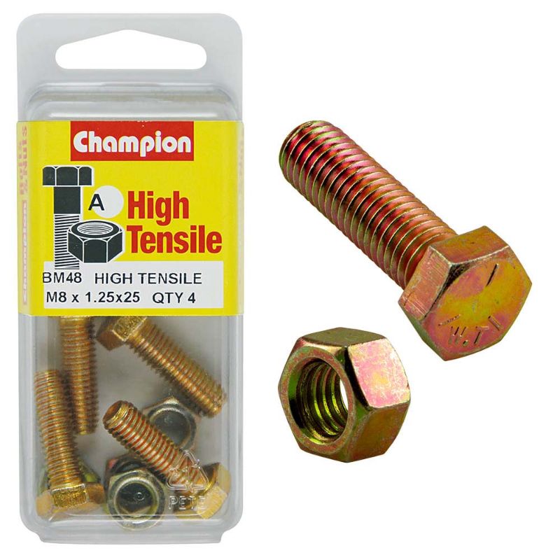 Champion M8 x 25 set screw and nut (GR8.8) for secure fastening in construction and automotive applications.
