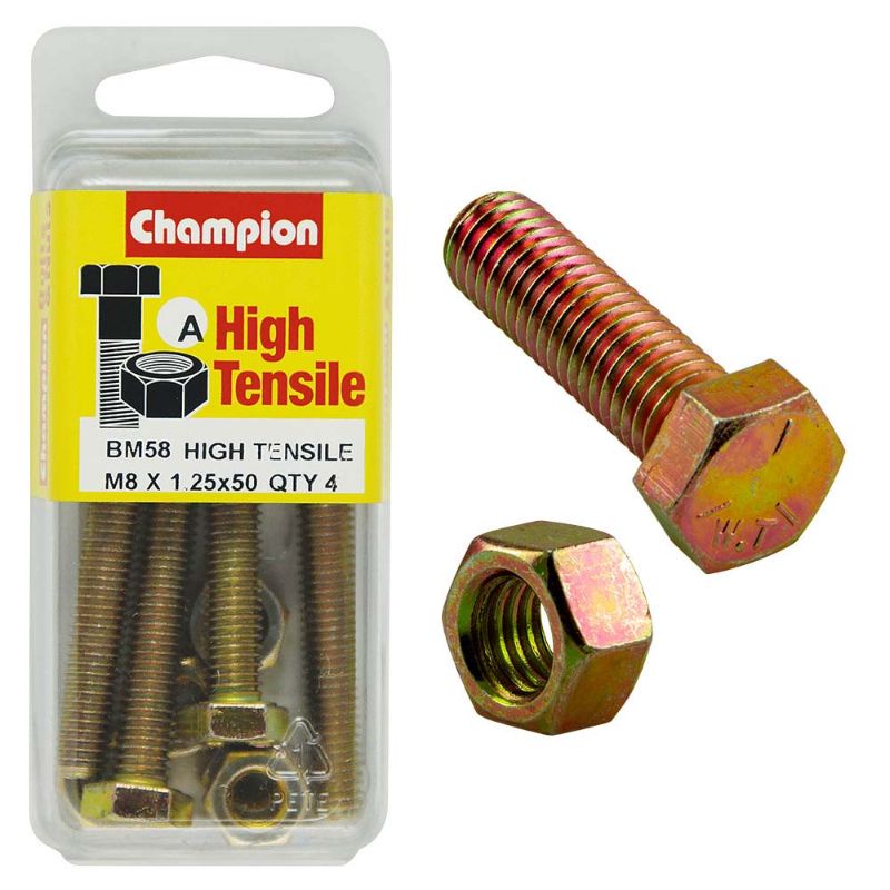 Champion M8 x 50 Set Screw & Nut (A) - GR8.8, durable steel fasteners for secure automotive and machinery applications.