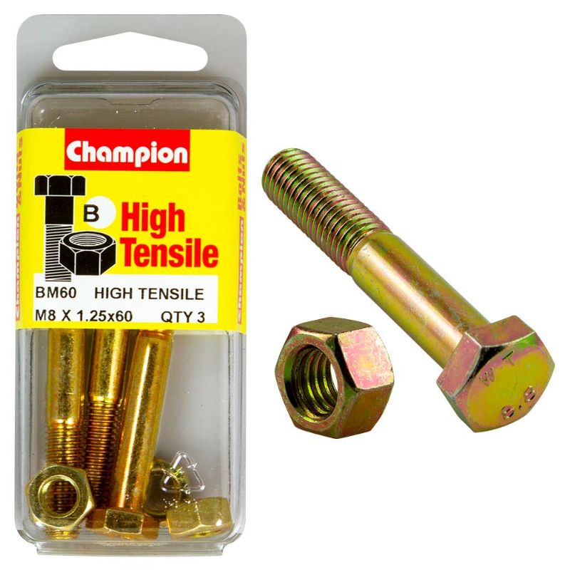 Durable Champion M8 x 60 Bolt & Nut set in grade 8.8 steel, ideal for heavy-duty construction and repair projects.
