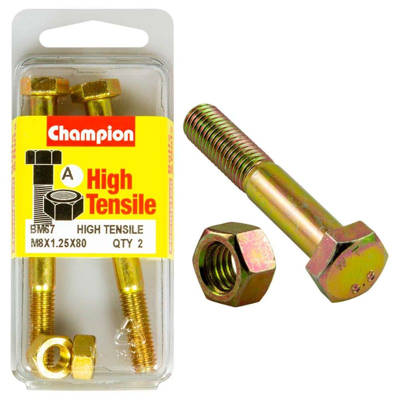 Champion M8 x 80 GR8.8 bolt and nut set, made from high-grade steel for strong, versatile fastening in various applications.