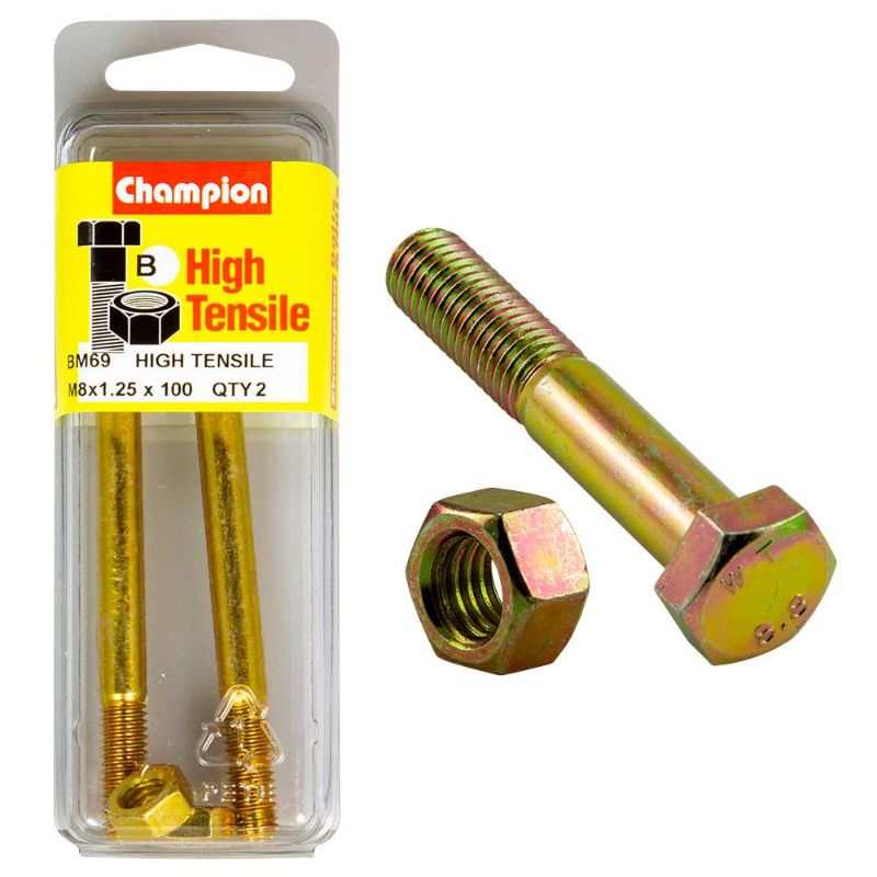 Champion M8 x 100 Bolt & Nut - GR8.8, premium-grade steel, 100mm length, high tensile strength, ideal for heavy-duty fastening.
