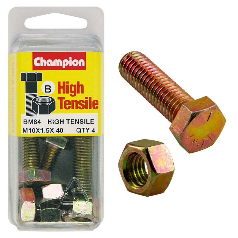 Champion M10 x 40 set screw and nut in GR8.8, featuring high strength, corrosion resistance for reliable fastening.