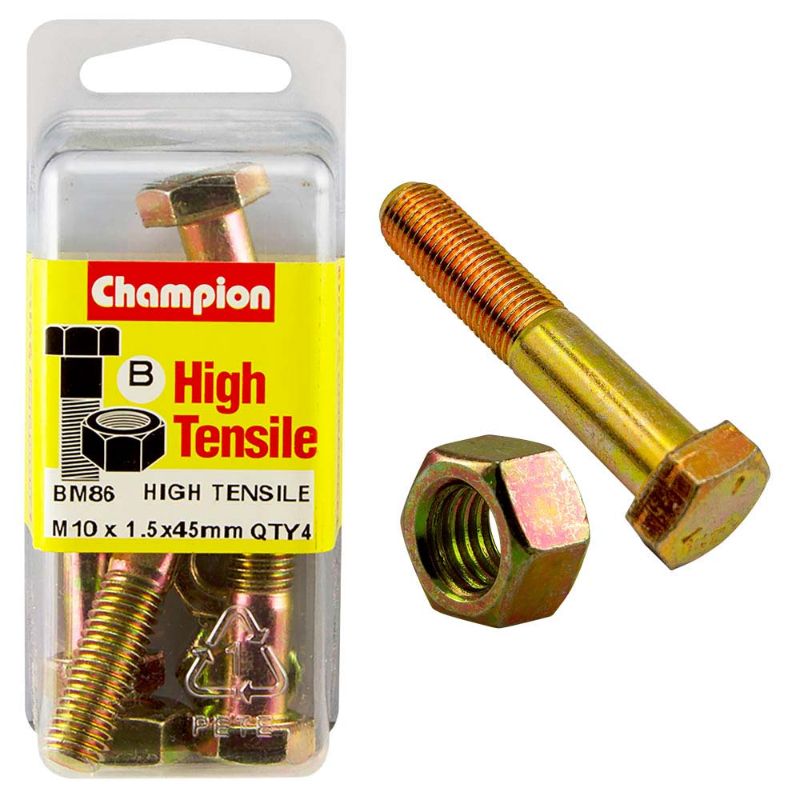 Champion M10 x 45 Bolt & Nut set, GR8.8 grade, durable steel for high load applications, corrosion-resistant, ideal for construction and repairs.