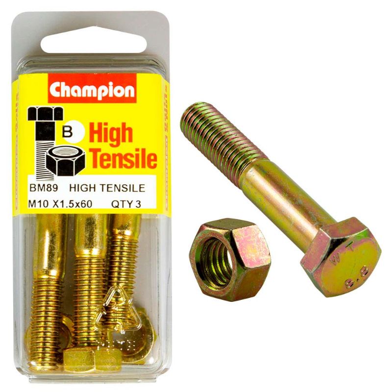 Durable Champion M10 x 60 Bolt & Nut (B) - GR8.8, ideal for heavy-duty fastening with 800 MPa tensile strength.