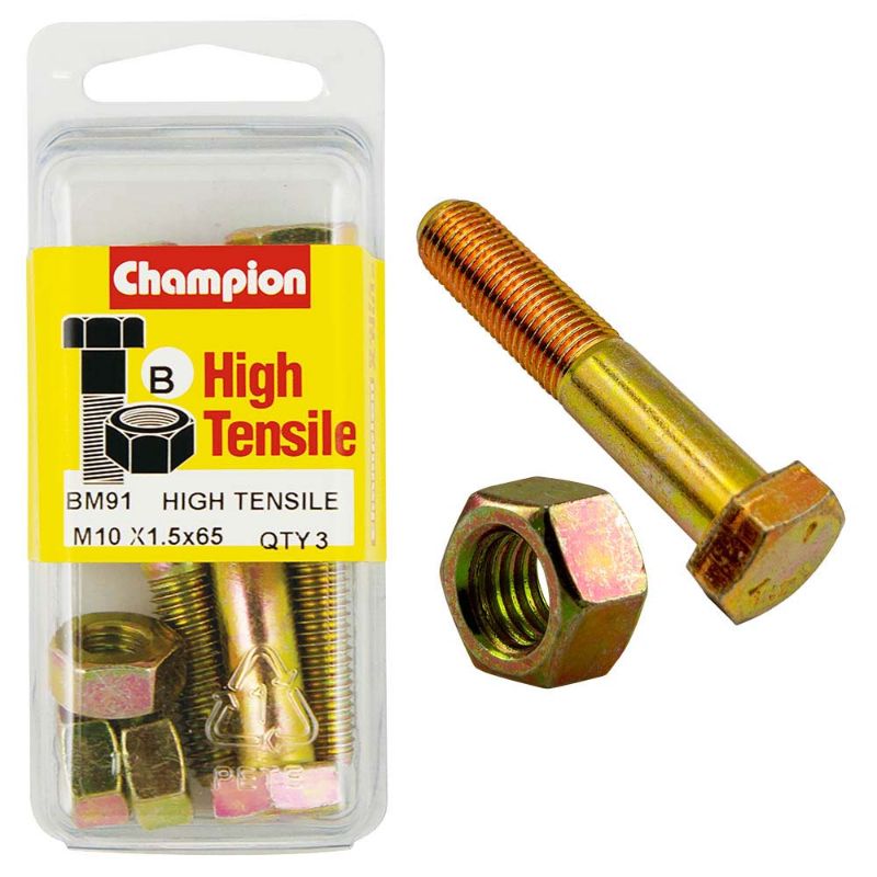 High-strength Champion 10x65 bolt and nut set, GR8.8 grade, ideal for construction, repair, and heavy-duty applications.