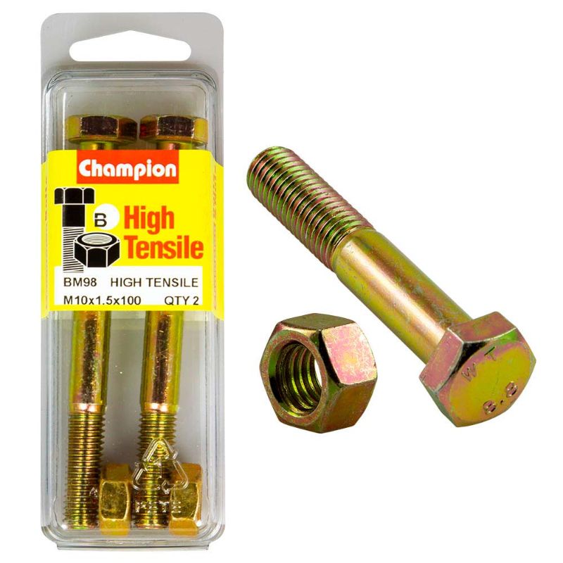 Champion M10 x 100 GR8.8 bolt and nut set, durable steel construction, corrosion-resistant, ideal for heavy-duty applications.