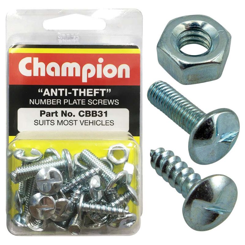 Champion 30Pc Anti-Theft Number Plate Screws set, featuring one-way screws and nuts for secure license plate installation.