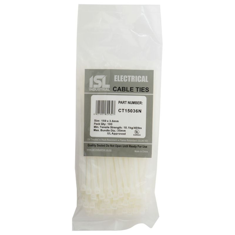 Natural nylon cable ties, 150 x 3.6mm, 100-pack; strong, durable, UV approved, suitable for various bundling tasks.