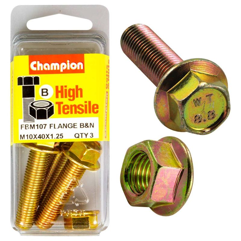 Champion Flange Bolt M10 x 40 x 1.25 (B) - GR8.8 pack of 3, featuring high-strength, corrosion-resistant design for durable fastening.
