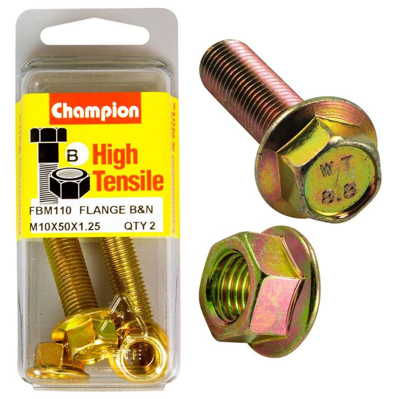 Champion Flange Bolt M10 x 50 x 1.25 (B) - GR8.8, a durable bolt offering superior load distribution for construction and automotive use.