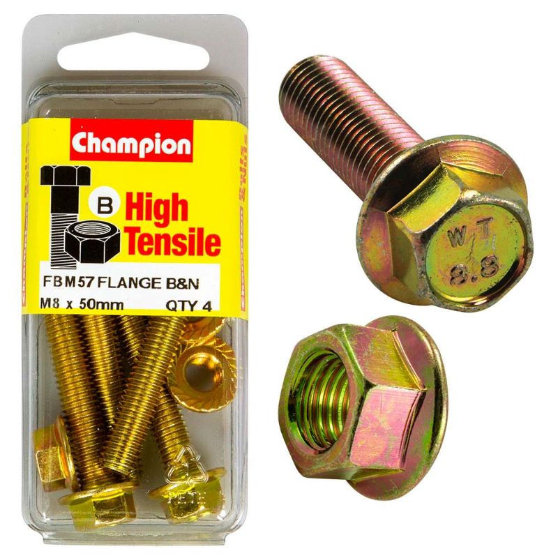 Champion Flange Bolt M8 x 50 (B) - GR8.8, strong steel fastener with flange design for secure load distribution.