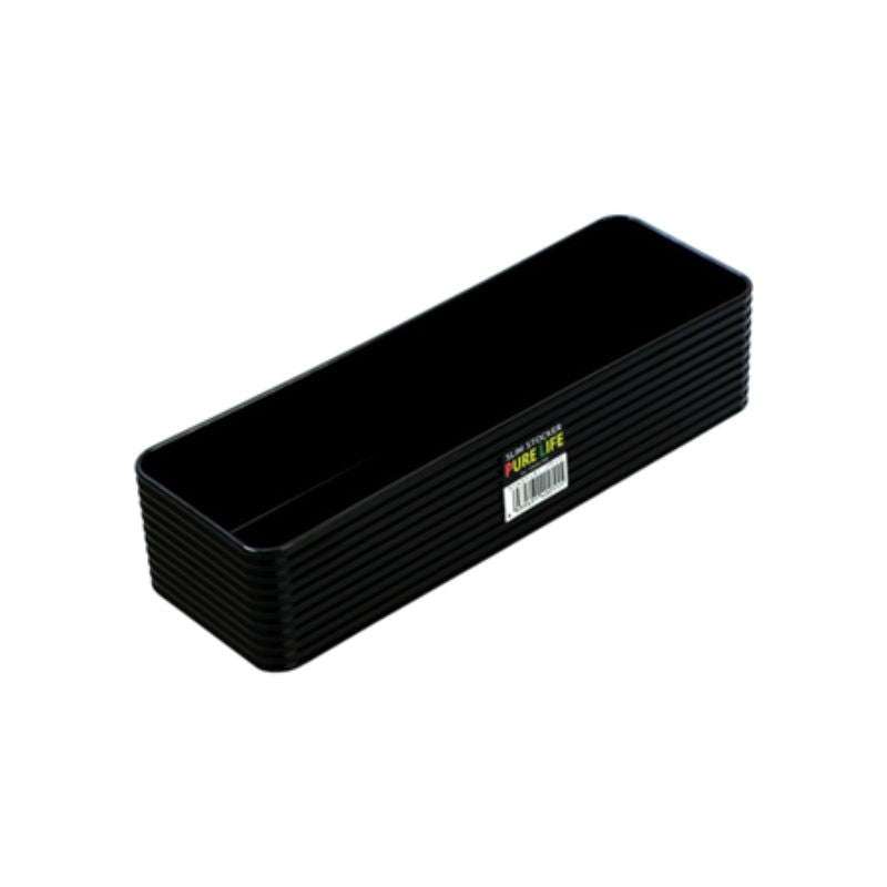 Set of 10 black Slim Stocker Containers (23.8cm) for stylish and efficient organization in any space.