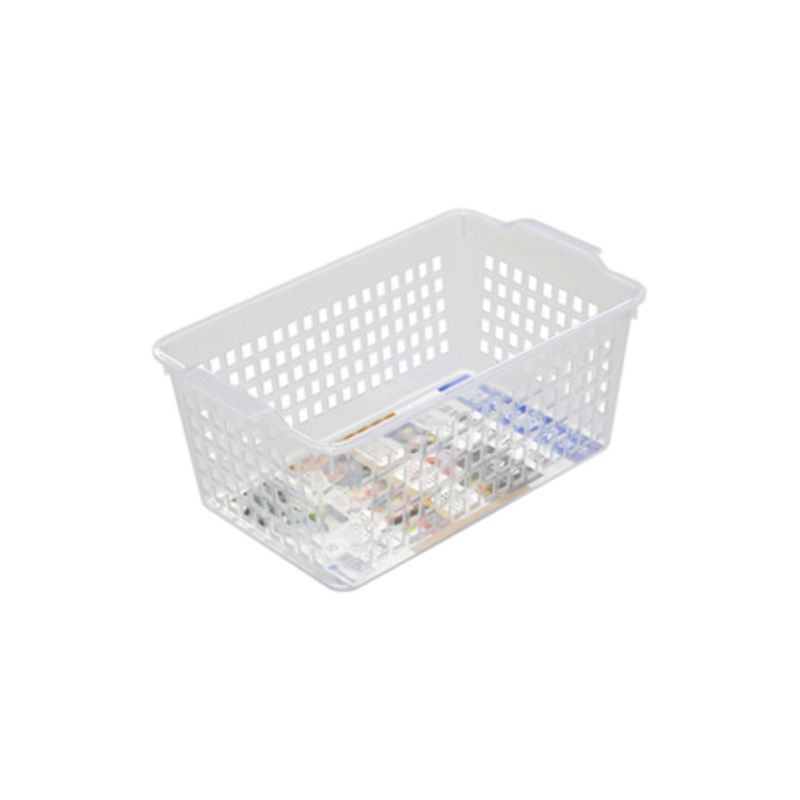 Set of 10 clear storage baskets (28.1 x 17 x 12 cm), ideal for organizing toys, stationery, and more in any space.