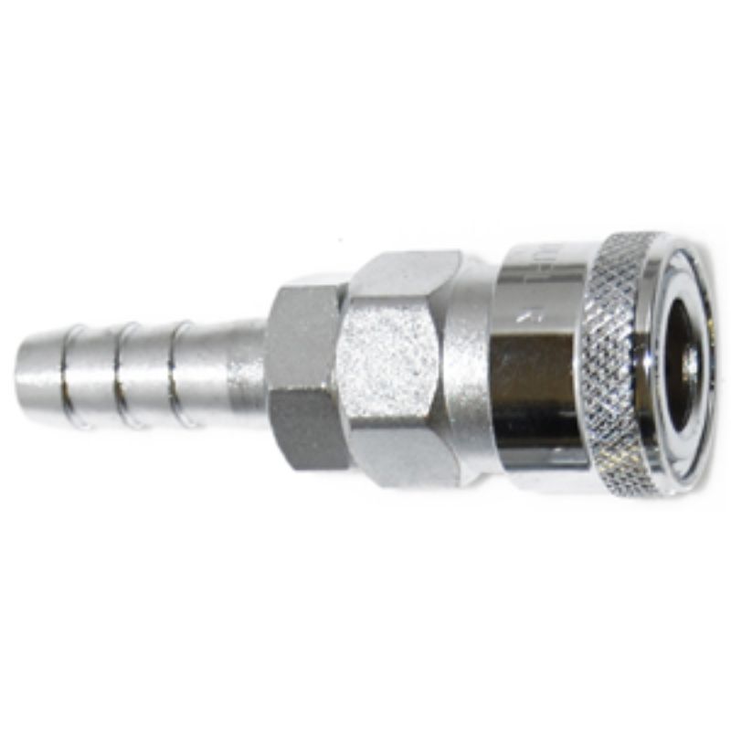 Chrome-plated steel 1/4in socket hose coupler with automatic shut-off valve, ideal for pneumatic tools and air pressure applications.