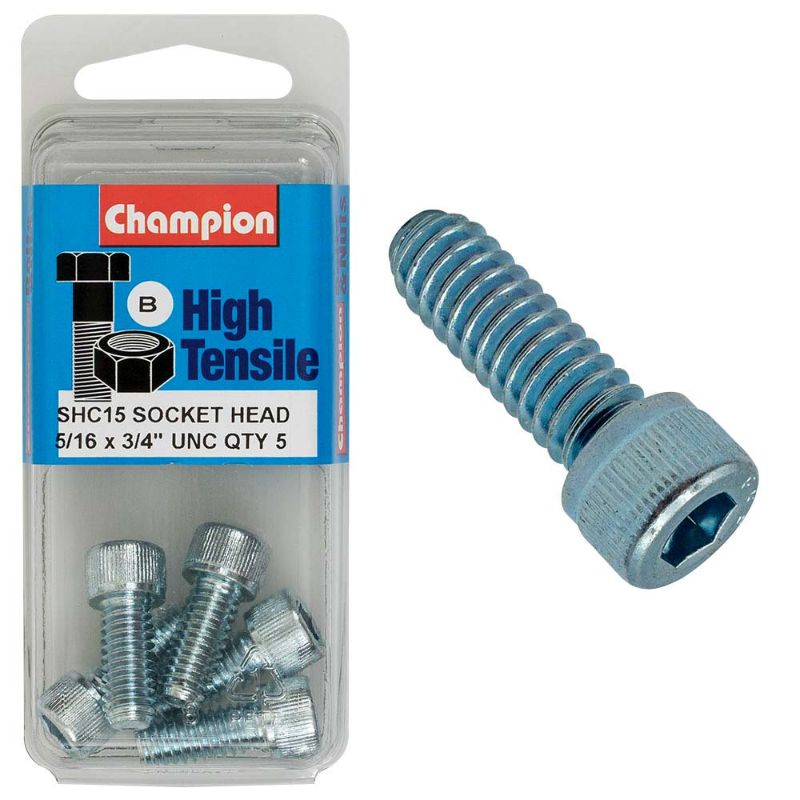 Champion Socket HD Set Screw measuring 5/16in diameter and 3/4in length, made of durable GR5 steel for reliable fastening.